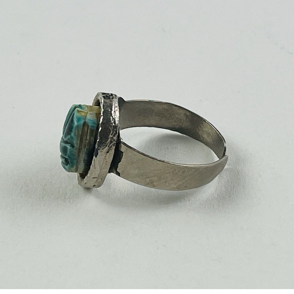 Scarab Silver Ring Egyptian Revival Estate Jewelry Blue Adjustable Bead Ethnic - Picture 5 of 13